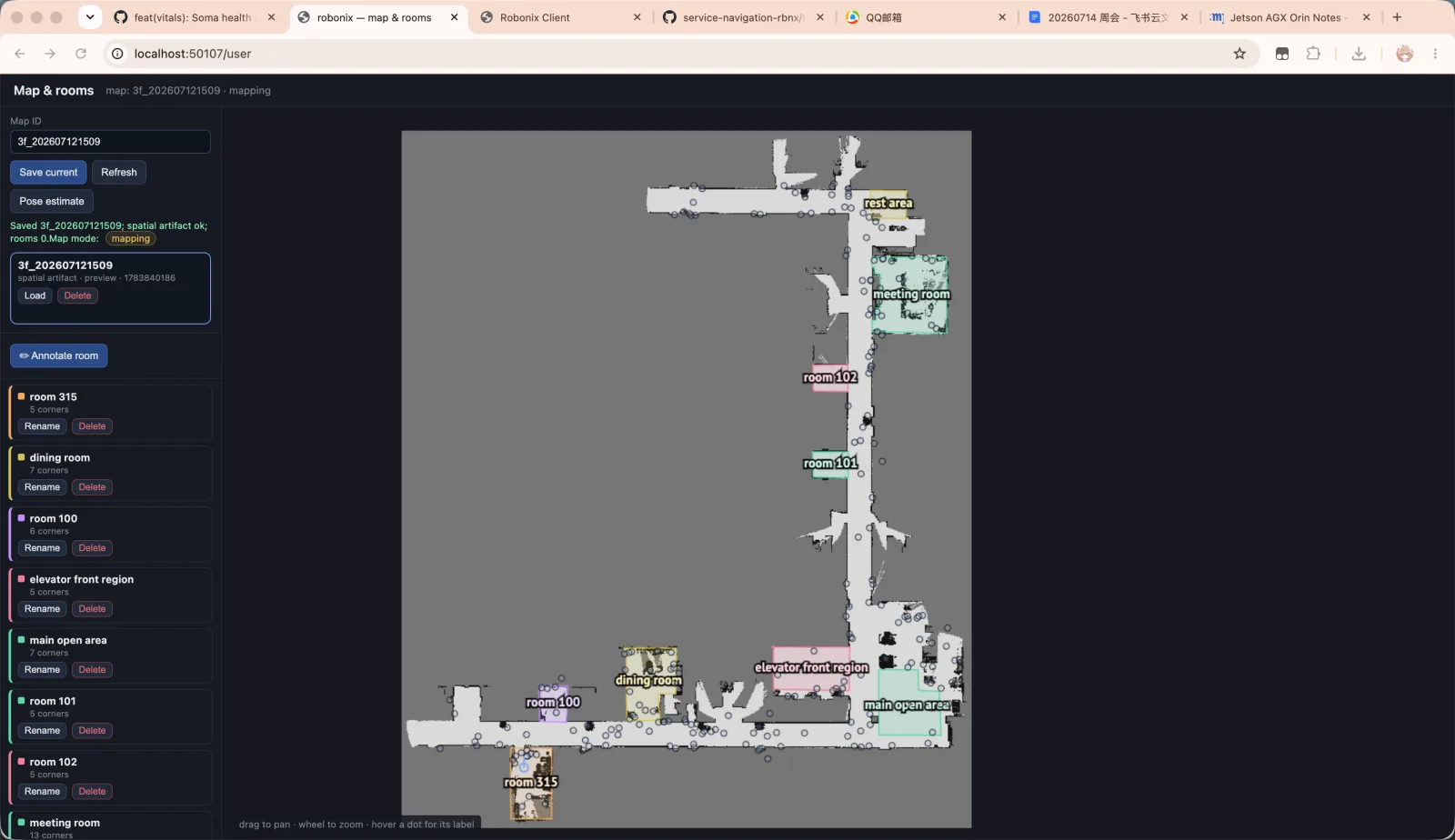 Scene 的 Map & rooms 页面。加载空间地图后,可在地图上绘制并命名房间或区域。
